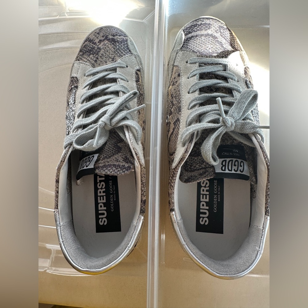 Golden Goose women’s Super Star low top sneaker. Size 38. Gold/silver shimmer.